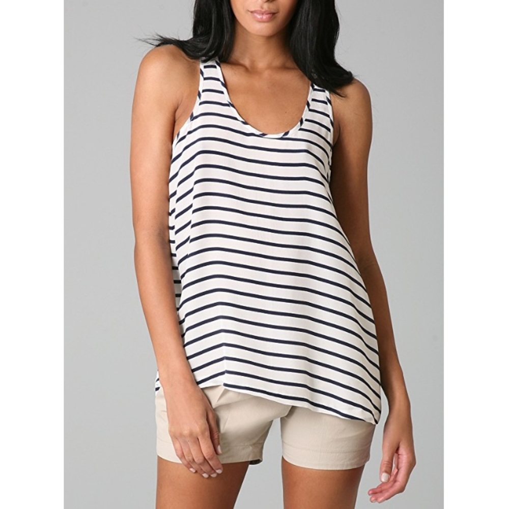 Theory Lorrie Stripe Silk Tank in Ivory/Navy